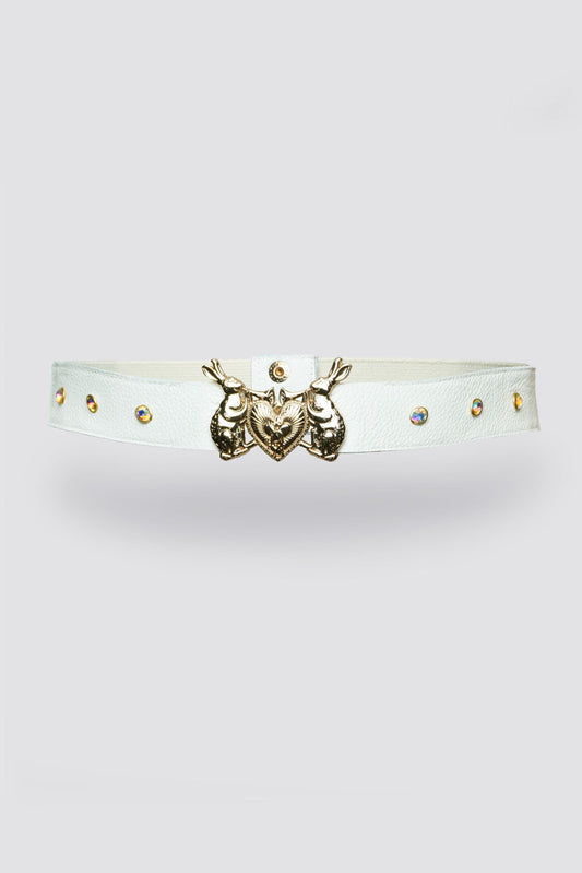 Mystic Rabbit Buckle Thin Leather Belt in White - Made to Order