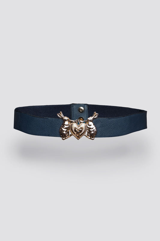 Mystic Rabbit Buckle Thin Leather Belt in Navy - Made to Order