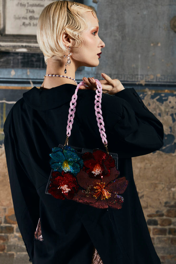 Borsa in velluto Vivi con fiori di paillettes - Realizzata su ordinazione