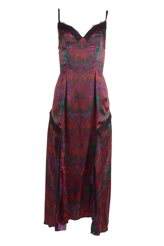 Scarlet Silk Dress in Botanical Print