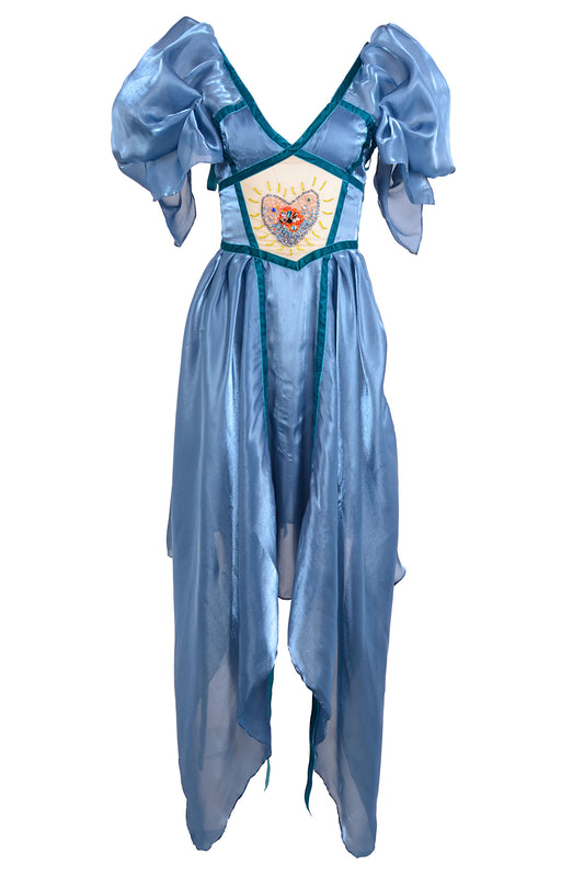 Sybille Embroidered Dress with Puffy Sleeves in Water Blue  - Made To Order