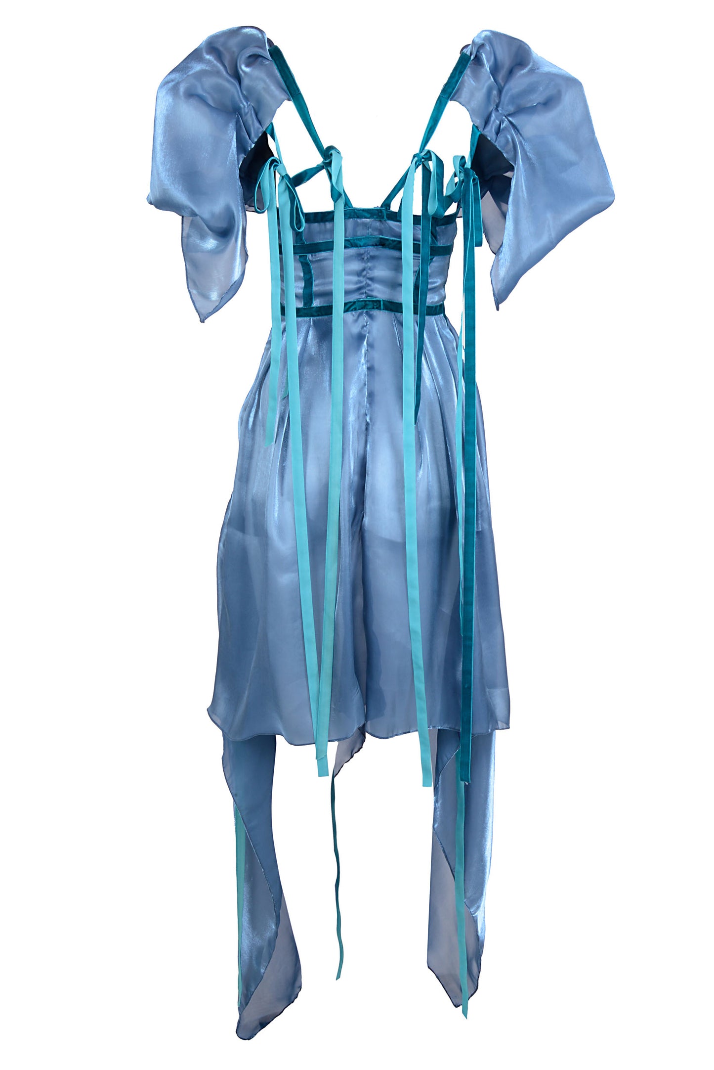 Robe brodée Sybille avec manches bouffantes en bleu eau - réalisée sur commande