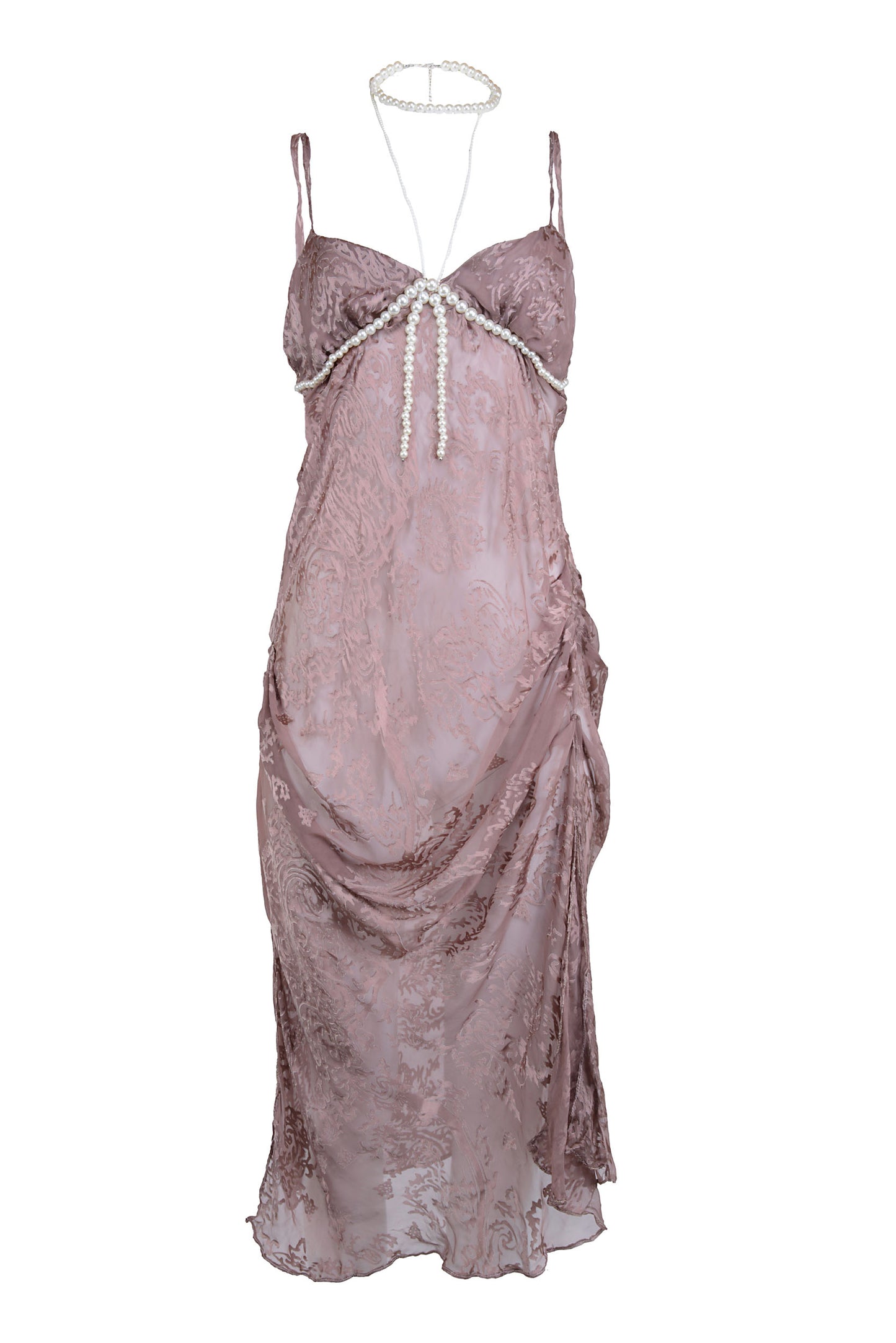 Robe Soleil Silk Devore en rose poussiéreux - réalisée sur commande