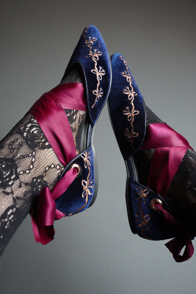 Clotilde Velvet Embroidered Flats with Silk Straps in Navy