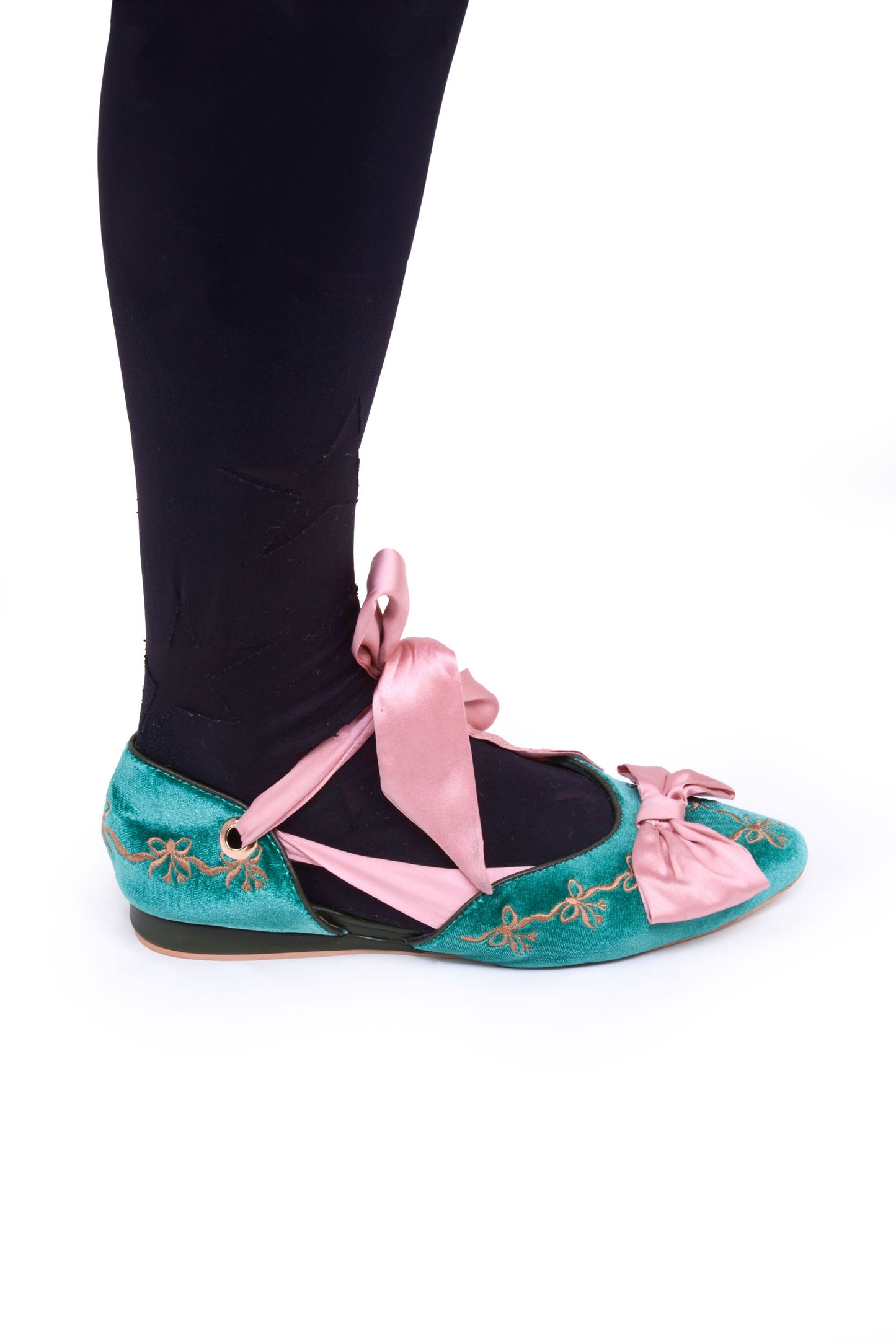 Clotilde Velvet Embroidered Flats with Silk Bow and Straps in Teal