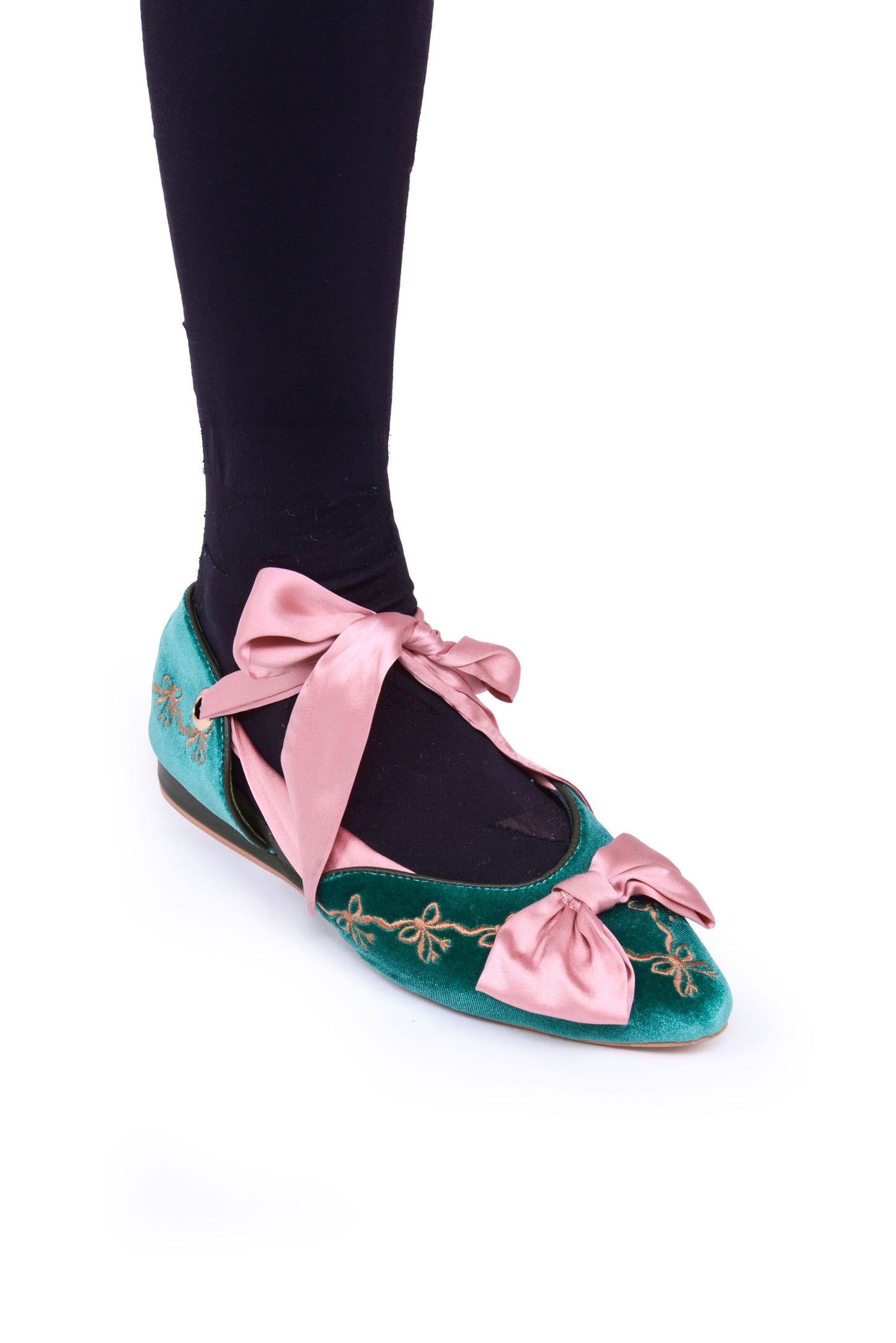 Clotilde Velvet Embroidered Flats with Silk Bow and Straps in Teal