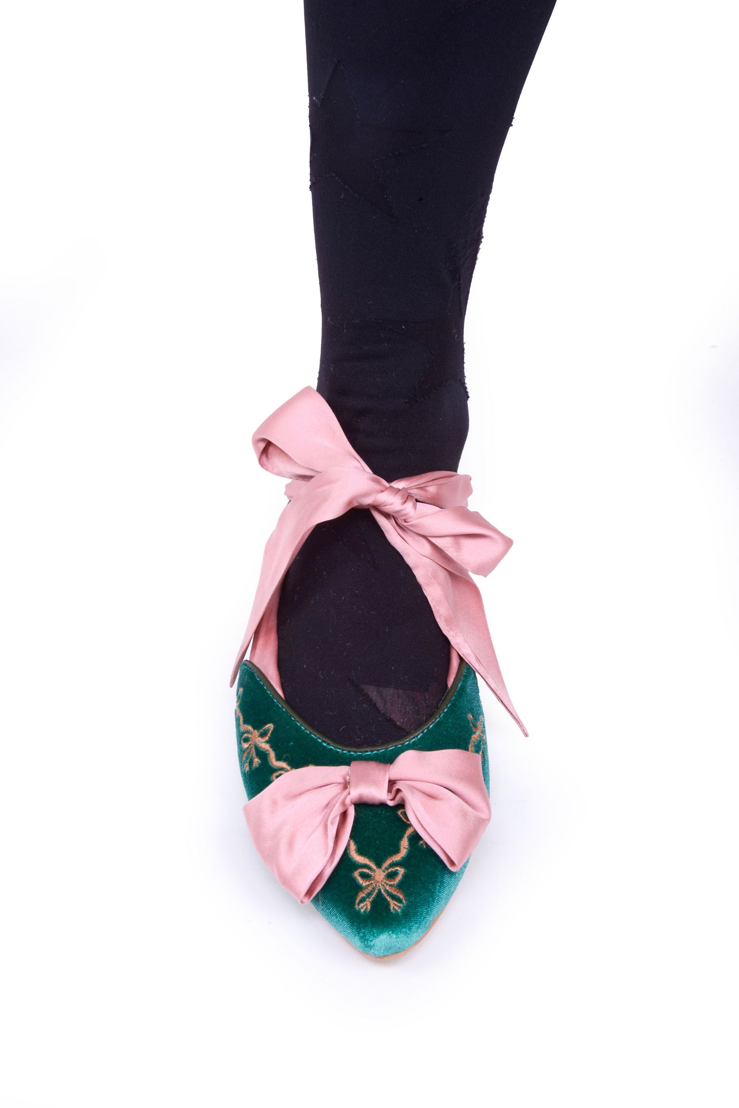 Clotilde Velvet Embroidered Flats with Silk Bow and Straps in Teal