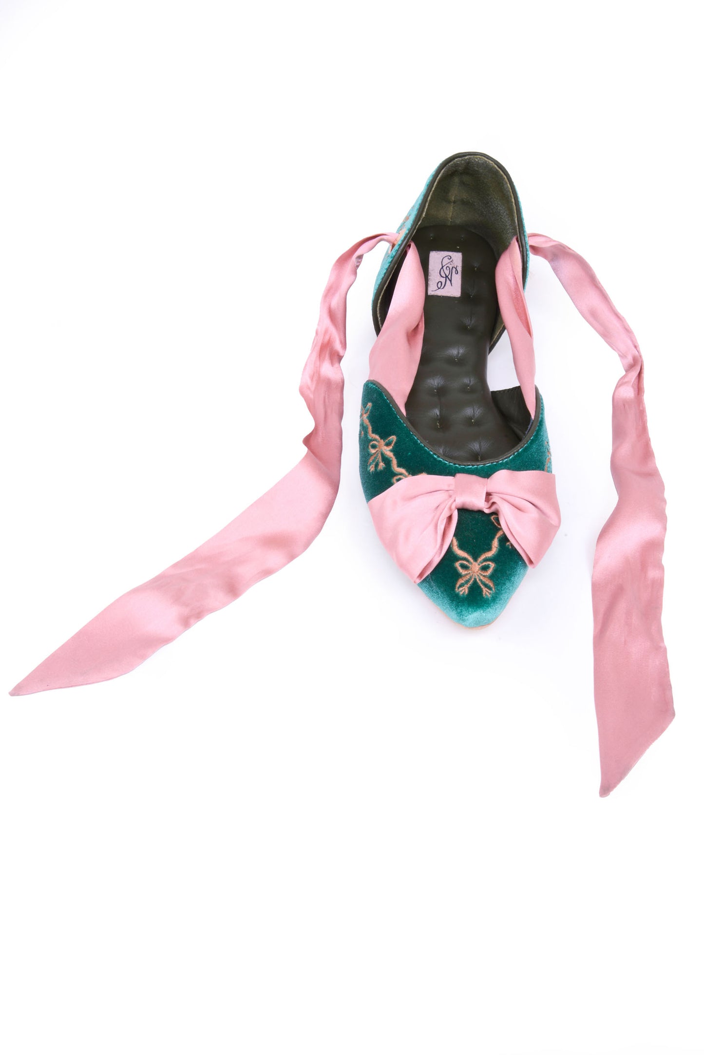 Clotilde Velvet Embroidered Flats with Silk Bow and Straps in Teal