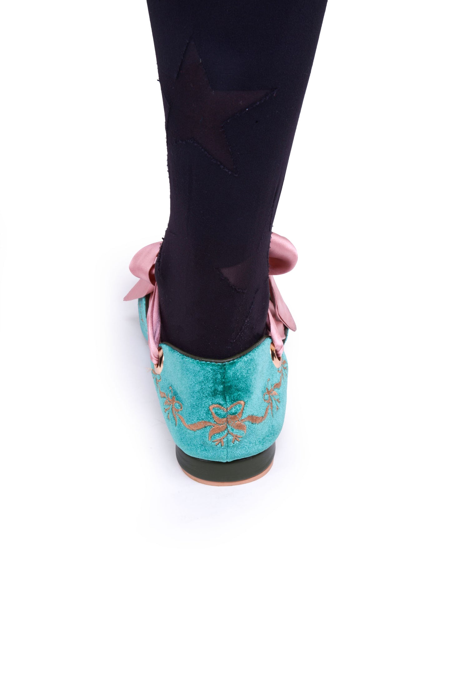 Clotilde Velvet Embroidered Flats with Silk Bow and Straps in Teal