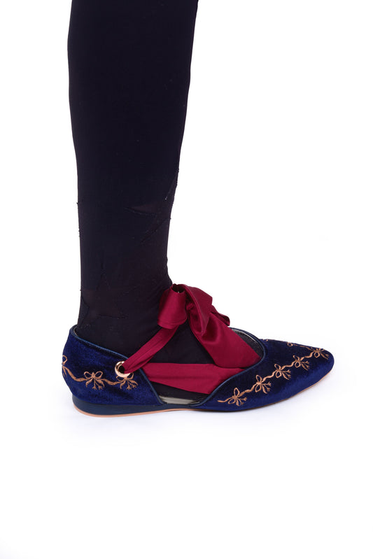 Clotilde Velvet Embroidered Flats with Silk Straps in Navy