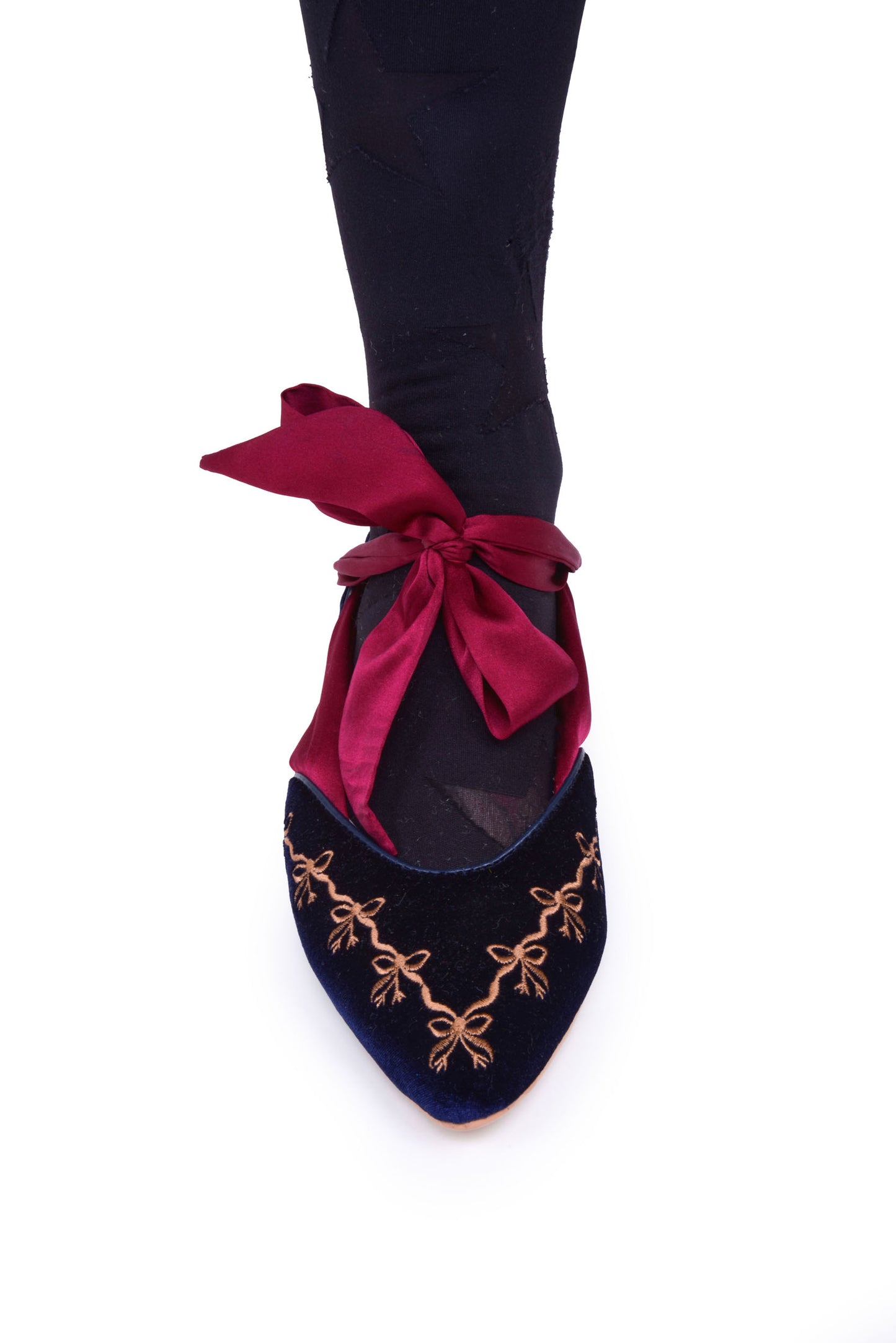 Clotilde Velvet Embroidered Flats with Silk Straps in Navy