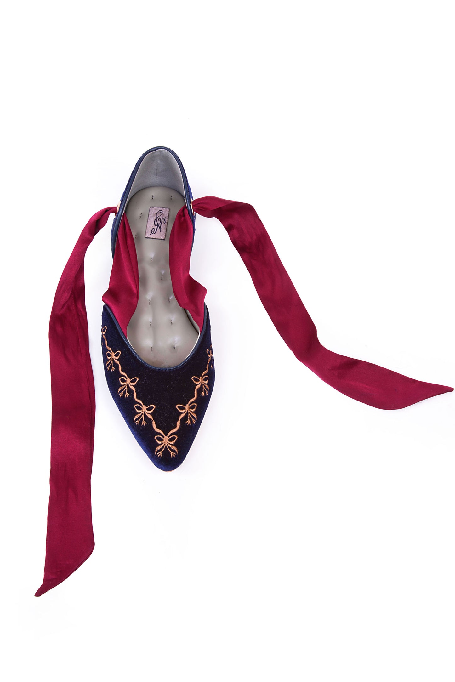 Clotilde Velvet Embroidered Flats with Silk Straps in Navy