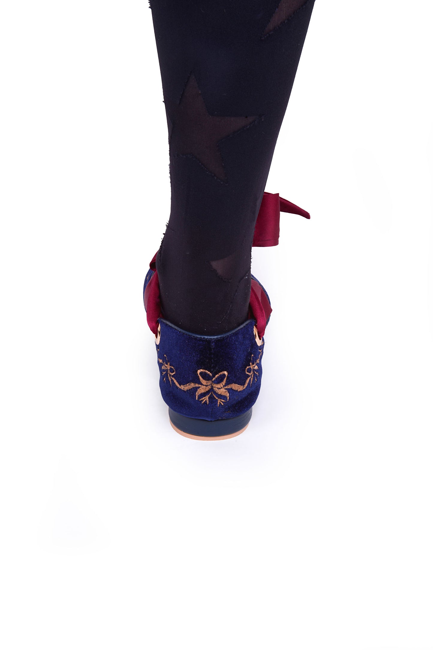 Clotilde Velvet Embroidered Flats with Silk Straps in Navy