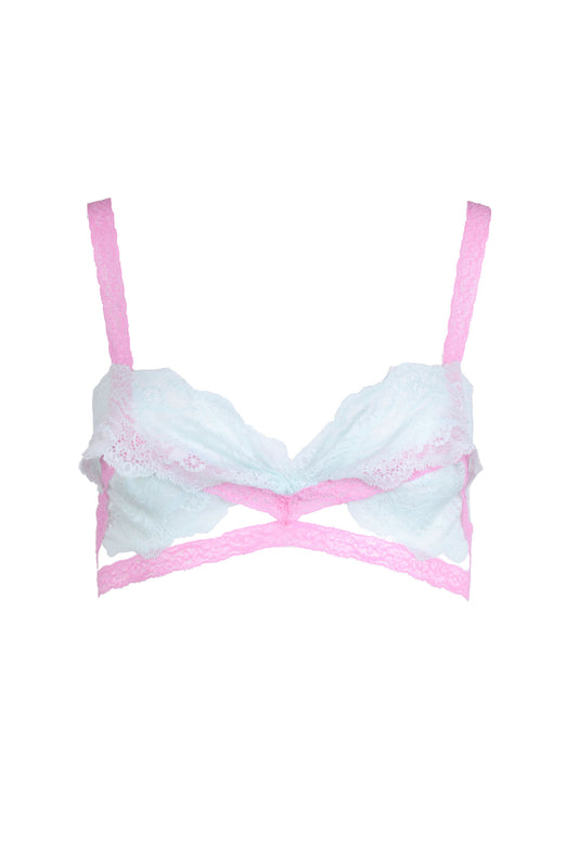 Top bralette in pizzo Eugenie in blu pallido/rosa - su ordinazione