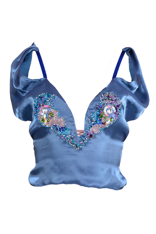 Top corsetto ricamato Luciolla in blu acqua - Su ordinazione